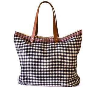 Boon Supply Large Woven Fabric Tote Bag Navy & White‎ Check Leather Handles